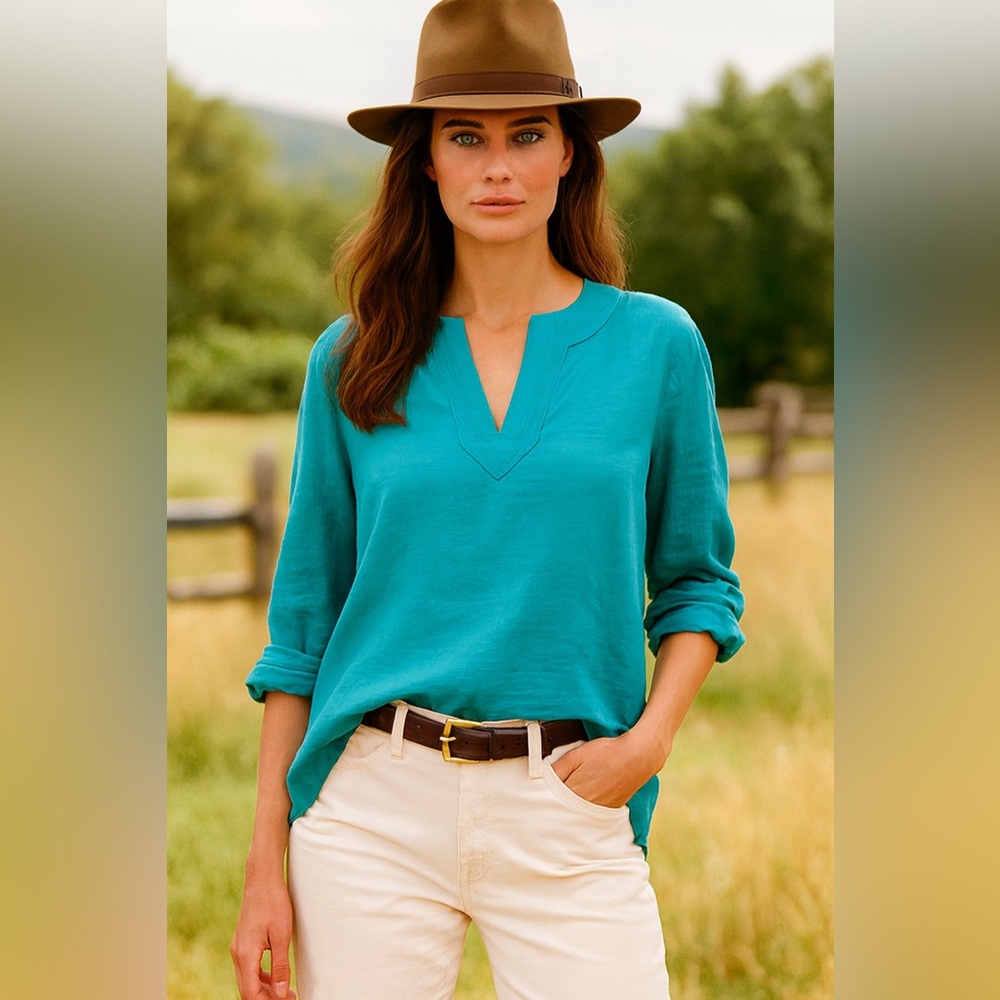 Ralph Lauren Turquoise Linen Blouse V neck Tunic Beach Resort wear Classic Prep - Picture 9 of 9